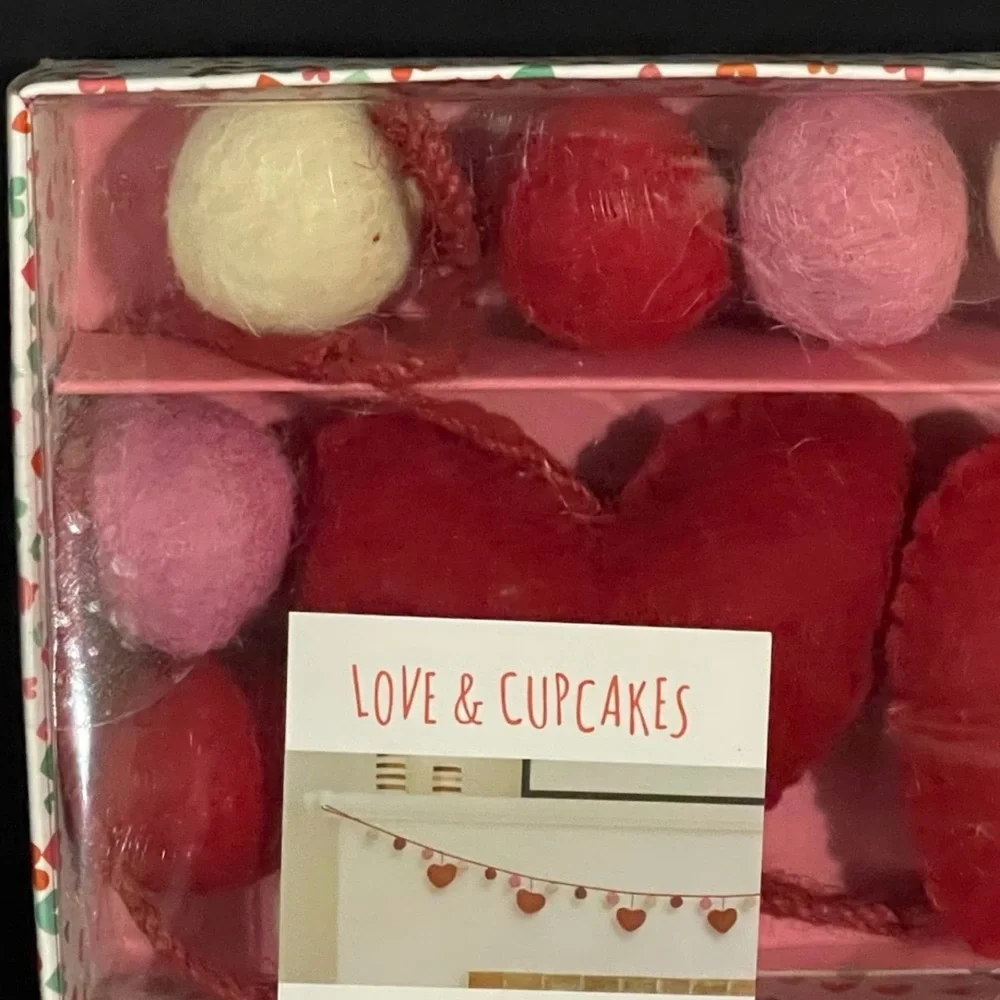 Valentines Love & Cupcakes Hearts and Pom Poms Garland - Felt Hearts Garland